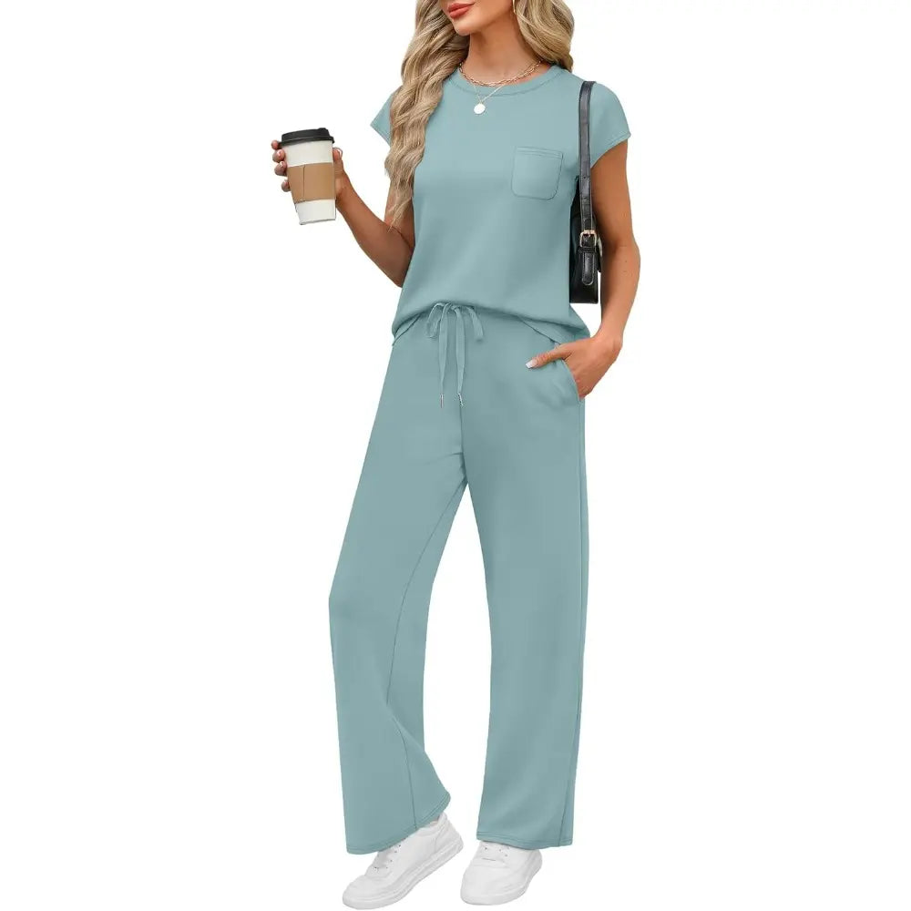 OFEEFAN Womenswear 2 Piece Sets for Women Casual Summer Travel Vacation Outfits Cap Sleeve Lounge Set Chic Crewneck Soft Silky Breathable Clothes