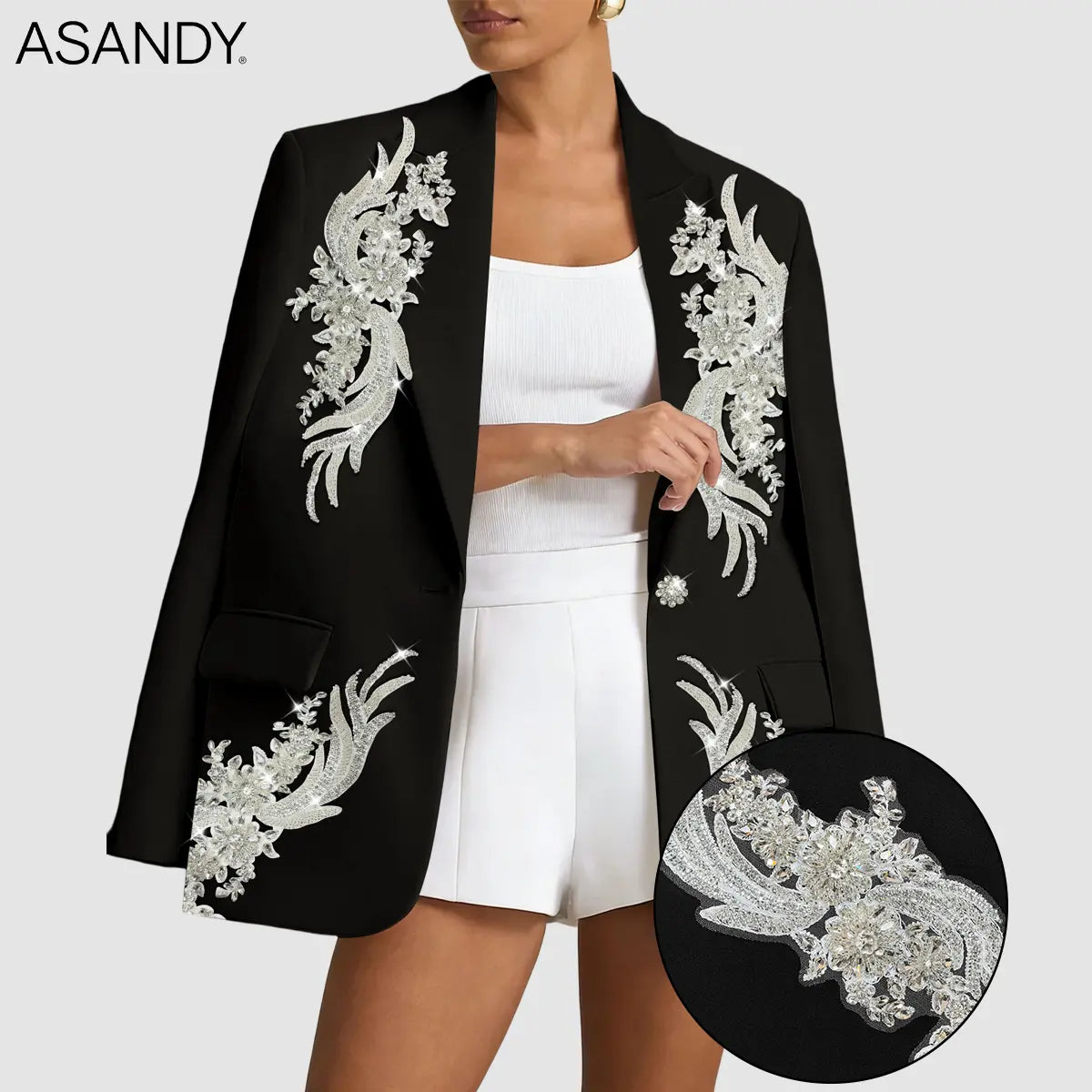 ASANDY Blazer for Women, Formal White Oversized Piece with Beaded Rhinestones & Floral Crystal Embroidery for Evening Wedding S M L, Fashion,clothes for back to school,first day of school outfits,sohochic