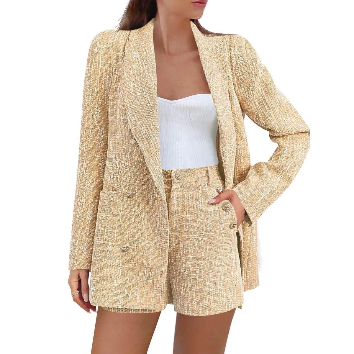 Imily Bela Womens 2 Piece Tweed Blazer Shorts Sets Long Sleeve Double Breasted Suit Jackets Business Outfit Fabric Formal