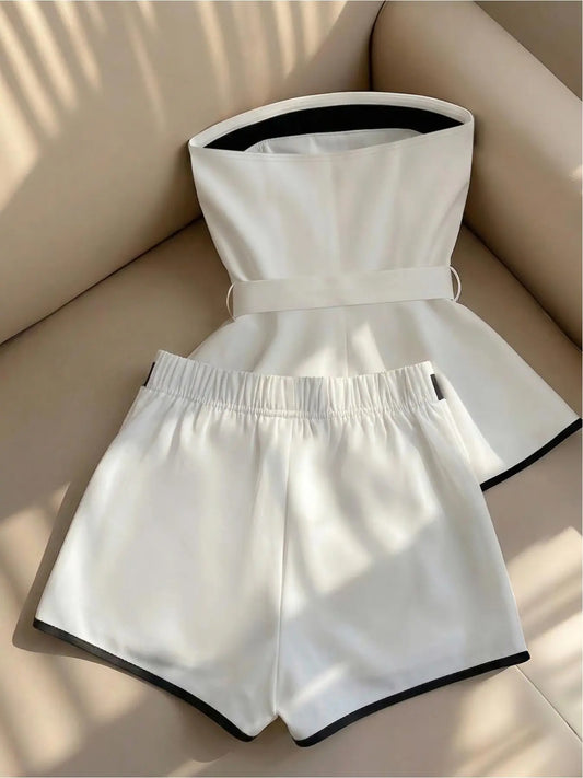 Women's Elegant Colorblock Top & Skinny Shorts Set, Perfect for Evening Date, Office and Daily Wear, Stylish and Comfortable Womenswear