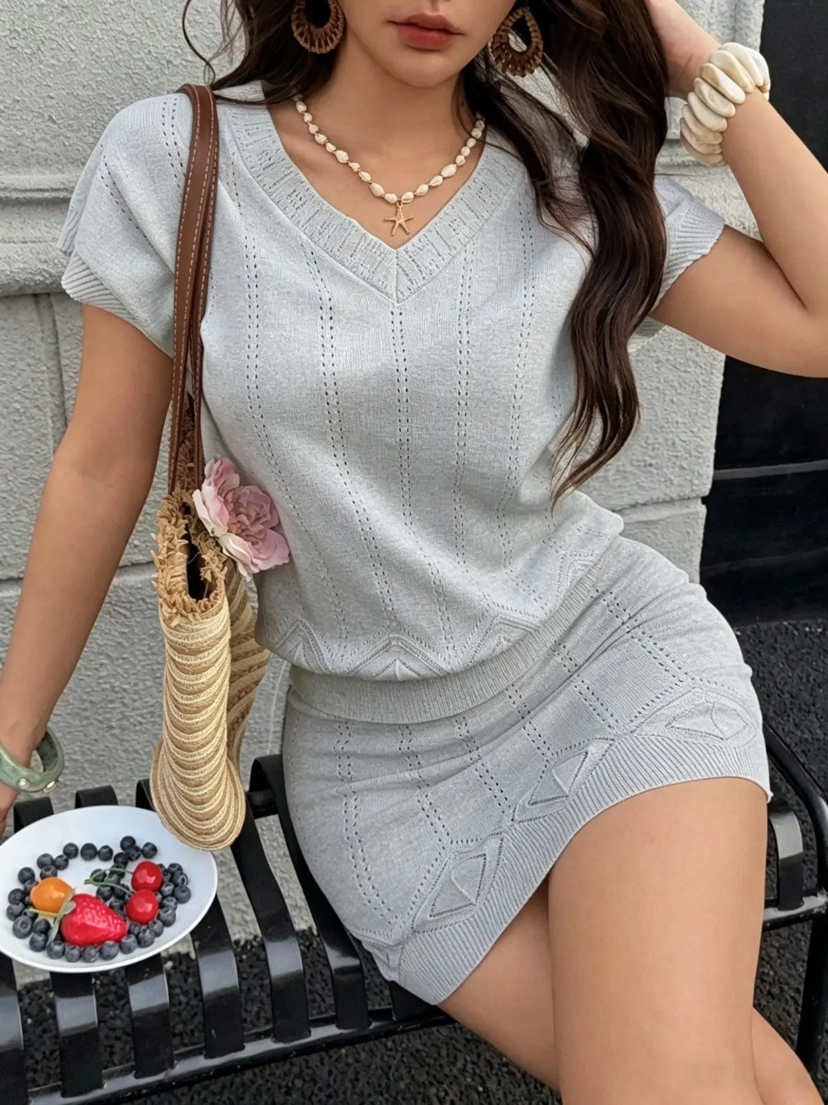 Two-Piece Women's Summer Clothes Set, V-Neck Hollow Out Cutout Top, Short A-Line Skirt, Slim Fit, Casual Elegant Chic Style, Knitwear for Vacation, Shortie Set