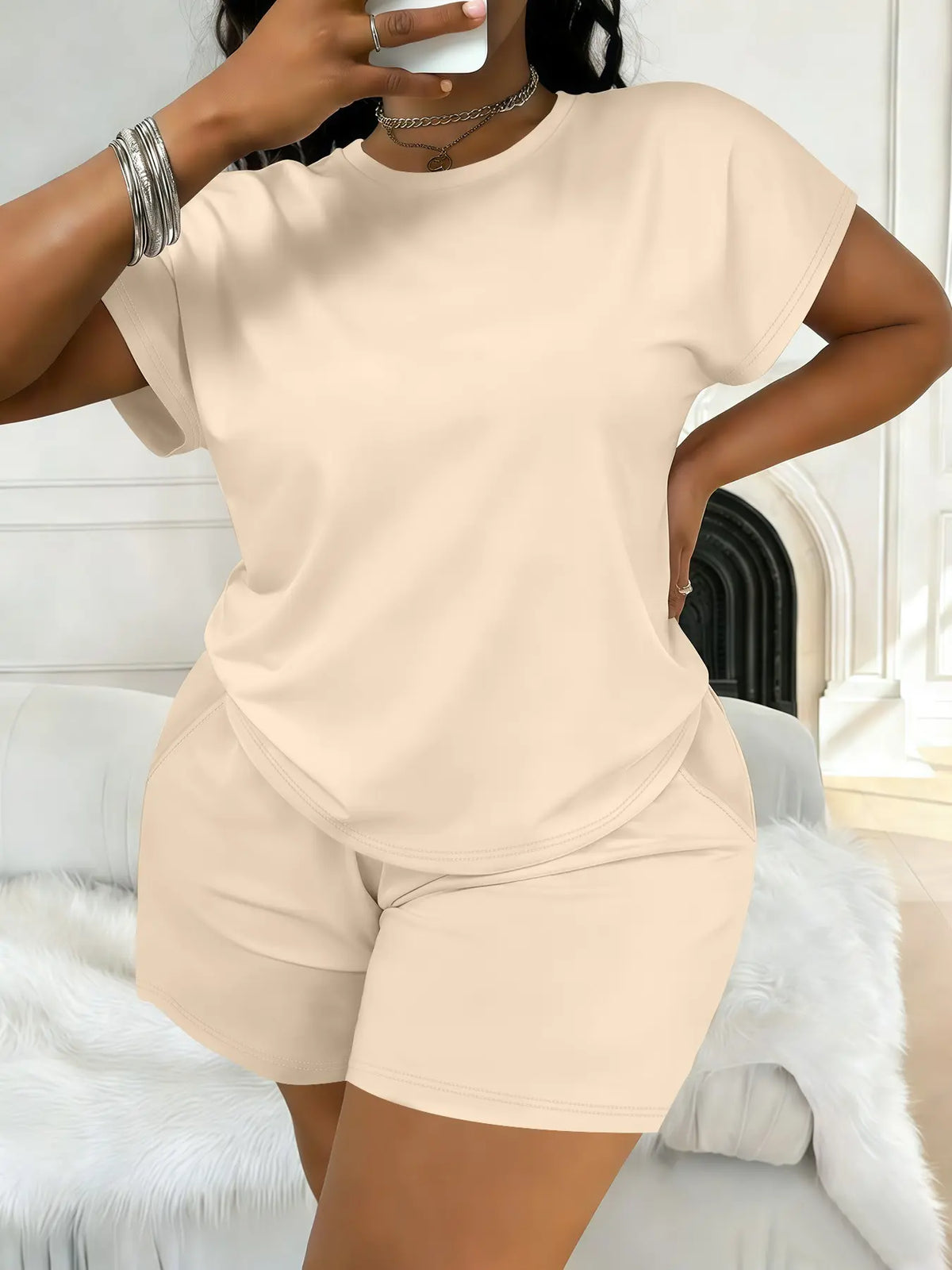 Women's Plus Size Casual Minimalist Plain Short-Sleeve Top and Shorts Set, Spring-Summer Womenswear Clothes with Loose Fit Comfort, All-Season Fashion