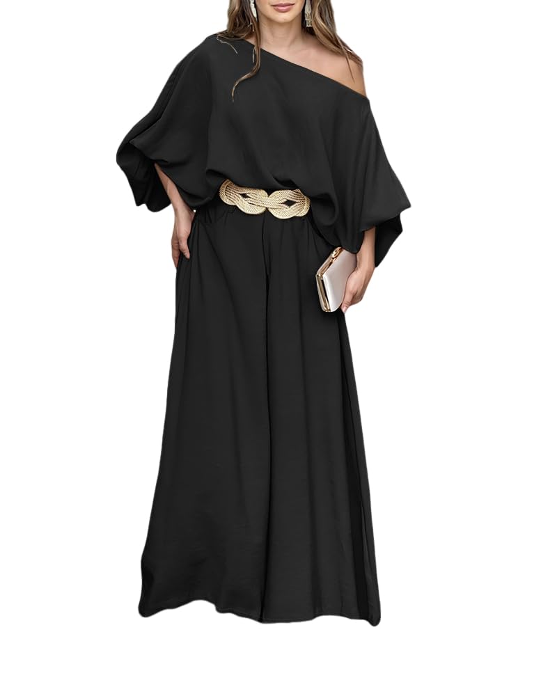 CHICME Women 2 Piece Summer Outfit Off Shoulder Flowy Wide Leg Pants Set