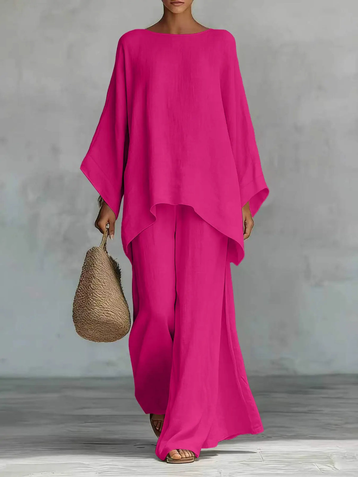 New Women's Simple Solid Loose-Fit Long Sleeve Blouse and Wide-Leg Pants Set, Baggy, Comfortable Casual Outfit, Perfect for Daily Wear, Stylish, Trendy and Elegance Two-Piece Set