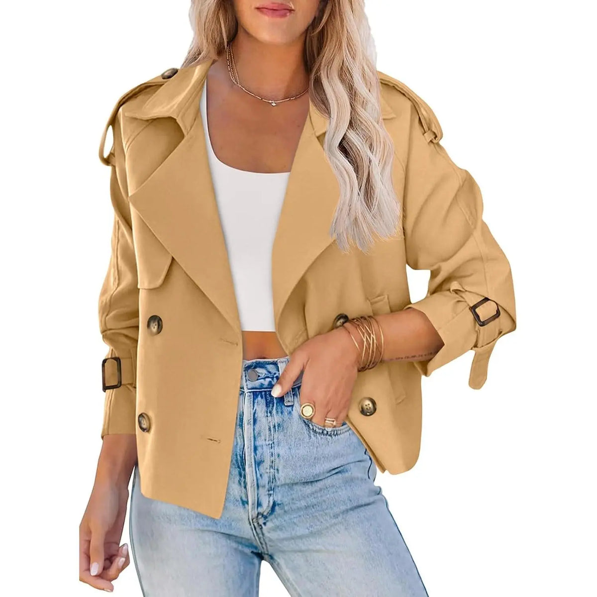 Fessceruna Women Crop Double Breasted Trench Coat Raglan Sleeve Work Office Cropped Jacket With Pockets