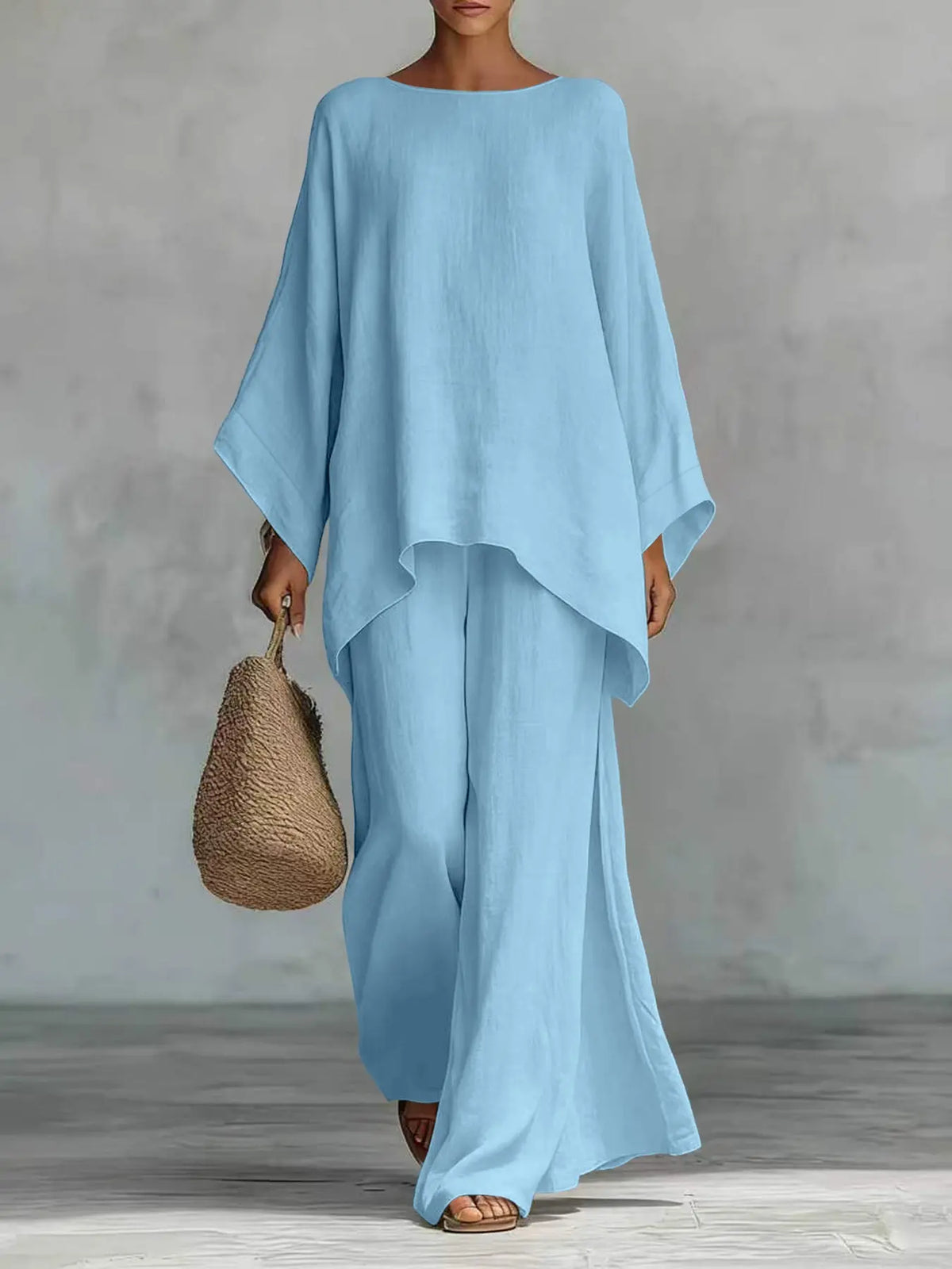 New Women's Simple Solid Loose-Fit Long Sleeve Blouse and Wide-Leg Pants Set, Baggy, Comfortable Casual Outfit, Perfect for Daily Wear, Stylish, Trendy and Elegance Two-Piece Set