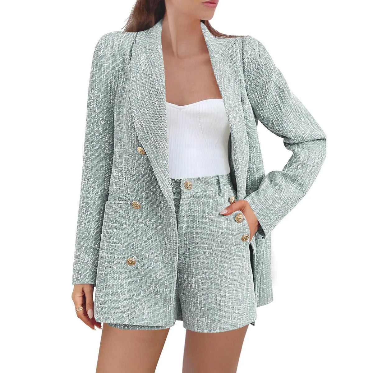 Imily Bela Womens 2 Piece Tweed Blazer Shorts Sets Long Sleeve Double Breasted Suit Jackets Business Outfit Fabric Formal