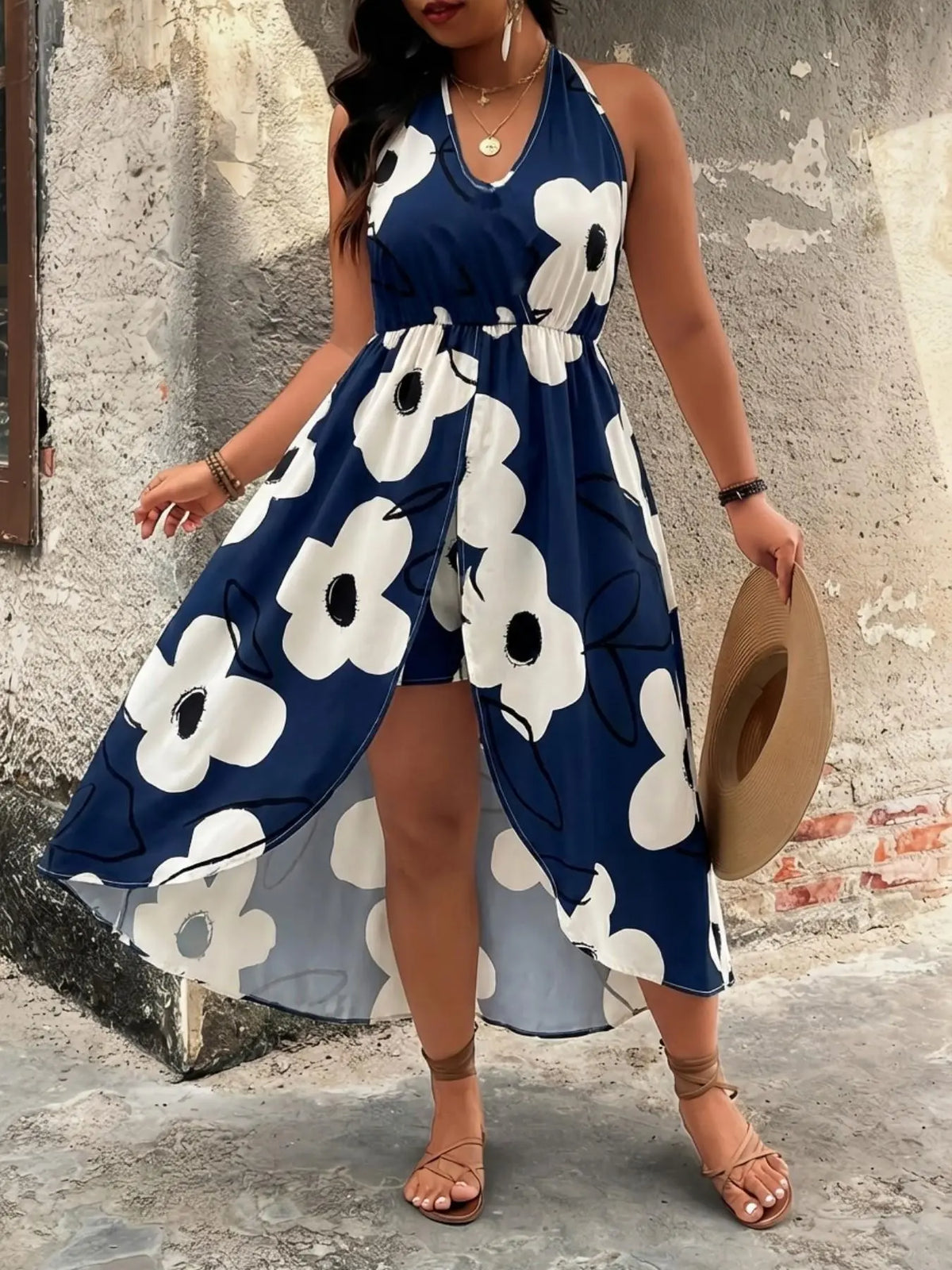 [Plus Size] Two-piece Set Floral Print Split Hem Top & Shorts Set Sleeveless, Boho Casual Two-piece Outfits for Beach Vacation Holiday, Women's Clothes for Summer, Bohemian, Fashion Style Sets, Womenswear, Fashion Clothing Set
