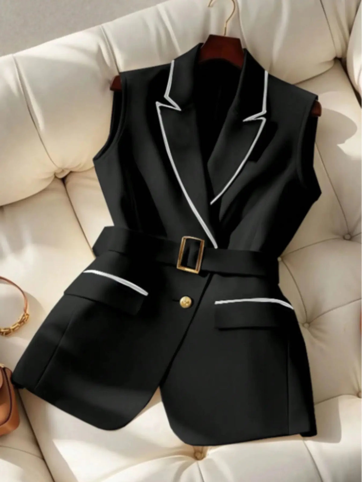 Women's Elegant Formal Fitted Waist Belted Fashion Commuter Blazer Vest Top, Woven Fabric Moderate Thickening, Fall & Winter Wear