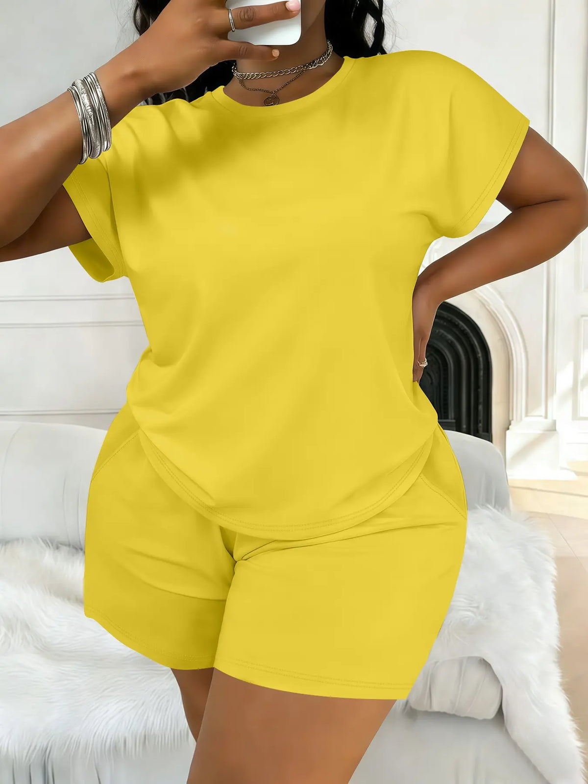 Women's Plus Size Casual Minimalist Plain Short-Sleeve Top and Shorts Set, Spring-Summer Womenswear Clothes with Loose Fit Comfort, All-Season Fashion