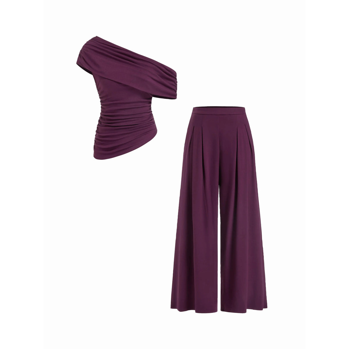 Cider 2-Piece Set Asymmetrical Neck Ruched Top & Mid Rise Wide Leg Draped Trousers Set