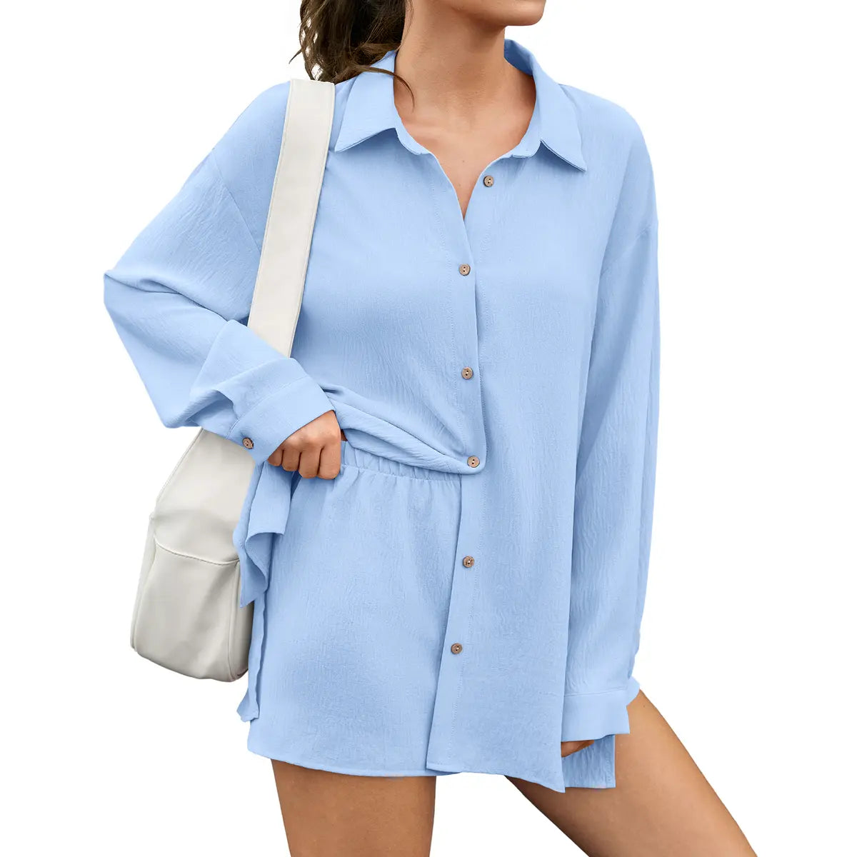 Fisoew Womens 2 Piece Basic Collared Matching Set Oversized Long Sleeve Button Down Top Attachable Safety Shorts Casual Beach Cover-Up Vacation Outfits SohoChic