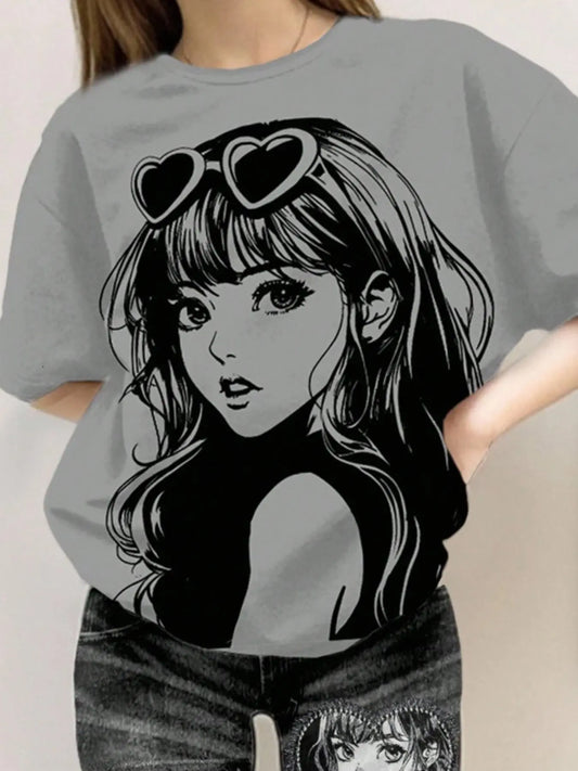 Kawaii Anime Girl Print T-Shirt + Patchwork Flare Pants Set, Y2K Goth Streetwear, Aesthetic Style for Girls, Casual Slim-Fitting Outfit, Casual Fitted Set