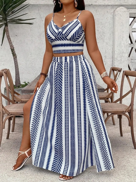 Women's Plus Size Two-Piece Matching Skirt Set, Boho Blue Geometric Print Spaghetti Strap Sleeveless Cropped Top and High Slit Long Skirt, Casual Fashion Bohemian Womenswear