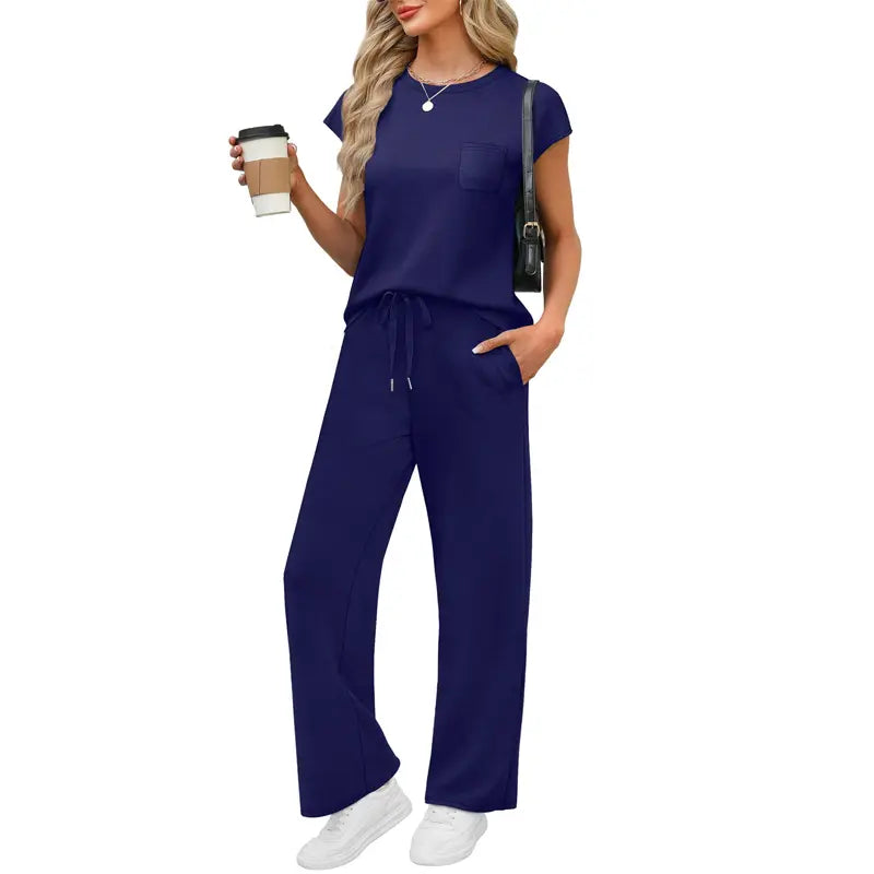 OFEEFAN Womenswear 2 Piece Sets for Women Casual Summer Travel Vacation Outfits Cap Sleeve Lounge Set Chic Crewneck Soft Silky Breathable Clothes