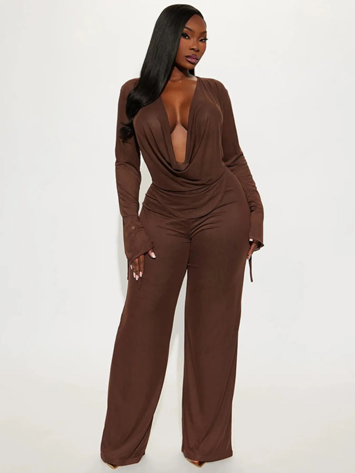 Women's Fashion Casual Fit Two-Piece Set Suits, Deep V Mesh Top & Wide Leg Pants, Trendy Long Sleeve Tie Design, Perfect for Daily Wear Clothes