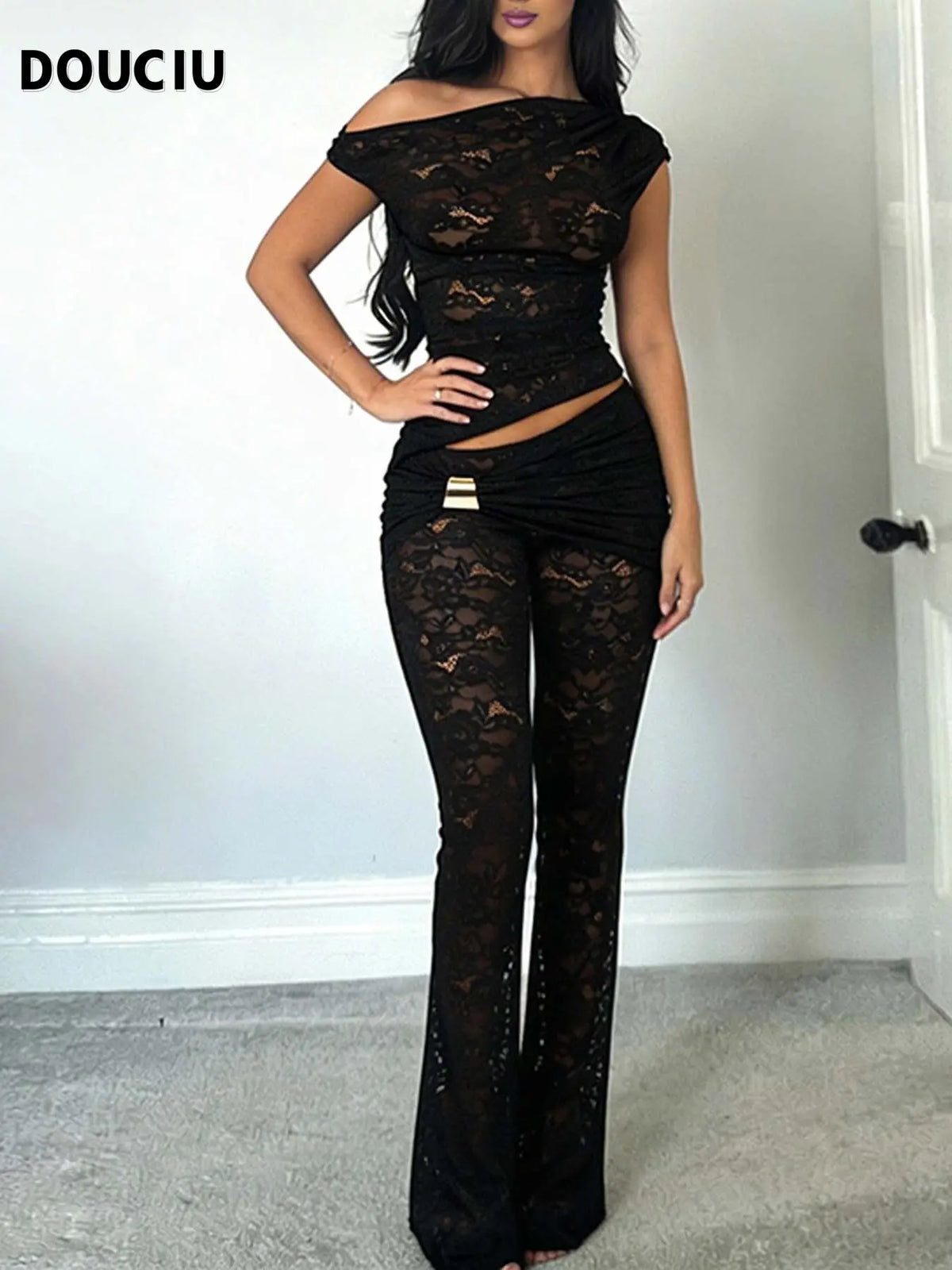 DOUCIU Elegant Chic Summer Two-Piece Set, Sheer Lace Backless Fitted Top and Pants, Sexy Minimalist Design, Perfect for High Street Fashion, Womenswear, Bell Bottom Set, Summer Outfit Set