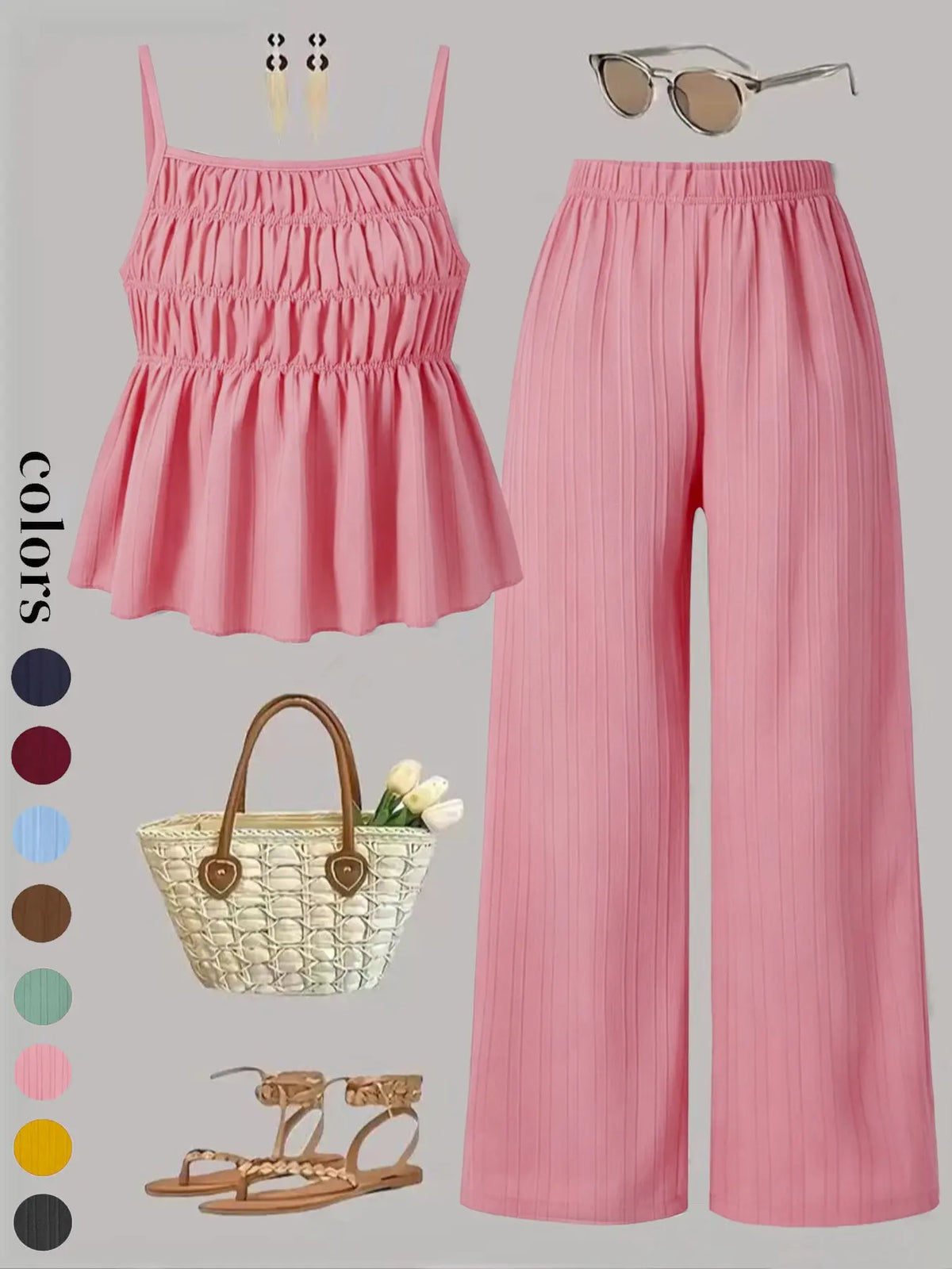 Two-Piece Set Women's Basic Solid Color Cami Top & Wide Leg Pants Set, Street Fashion Casual Outfits for Daily Outdoor Wear, Ladies Clothes for All Seasons