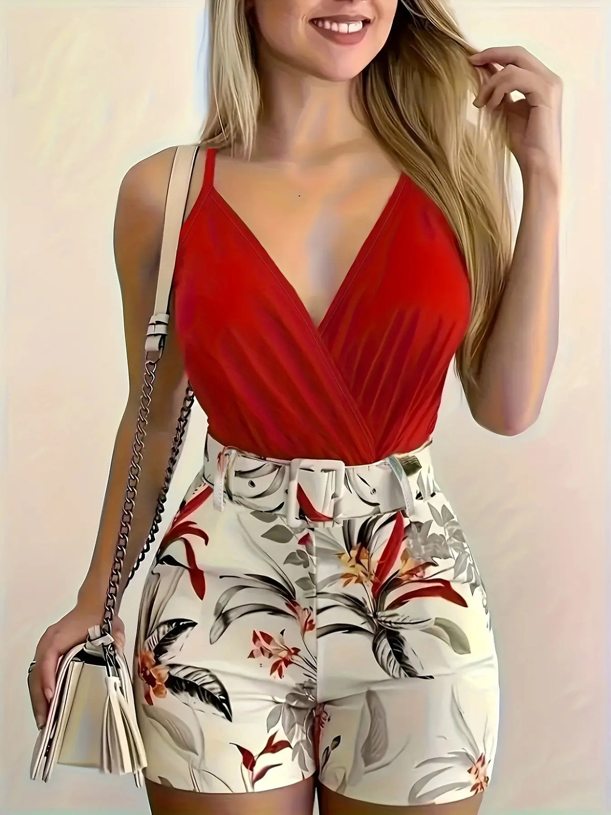 Women's V Neck Sleeveless Top & Plant Print Shorts Set with Belt, Summer Matching Set, Summer Tropical Floral Outfit, Perfect for Vacation, Beach and Casual Daily Wear, High Waist Fitted Design