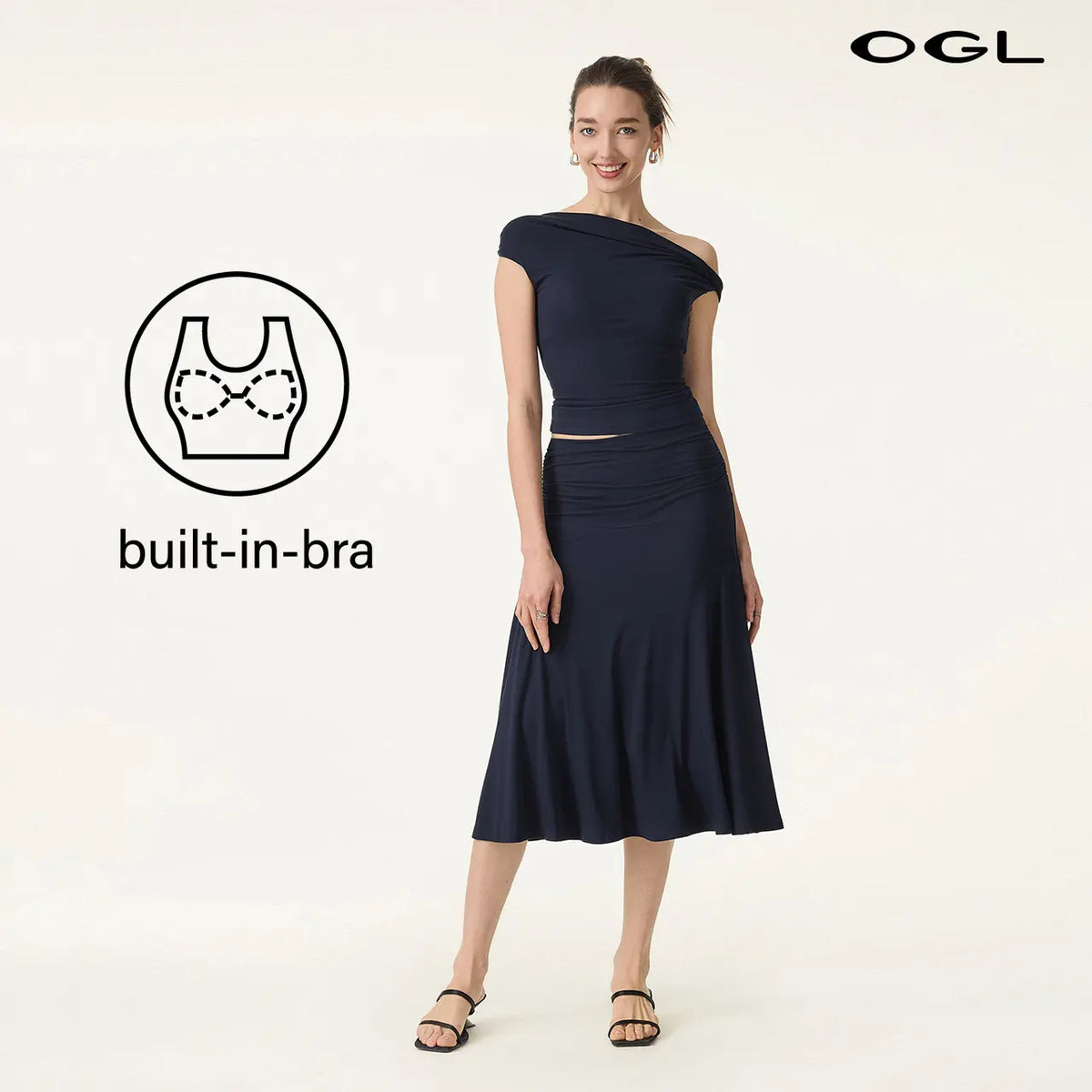 OGL Women's 2-Piece Matching Skirt Set - Multi-Wear Versatile Neckline bra tops with Built-In Bra, Flowy Side Ruched A-Line Midi Skirt, SkinKiss Fabric for Summer, Cute 2-Piece Sets for Women's Clothes tiktokshopstockup