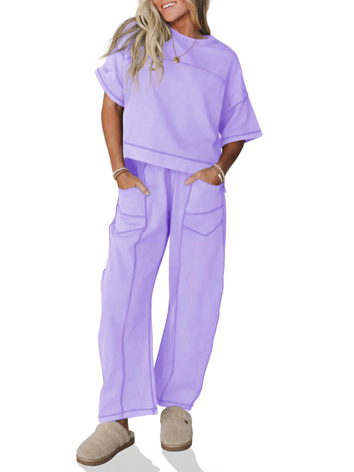 Fisoew Womens 2 Piece Outfits Lounge Sets Short Sleeve Tops and Wide Leg Pants Travel Vacation Casual Matching Sets