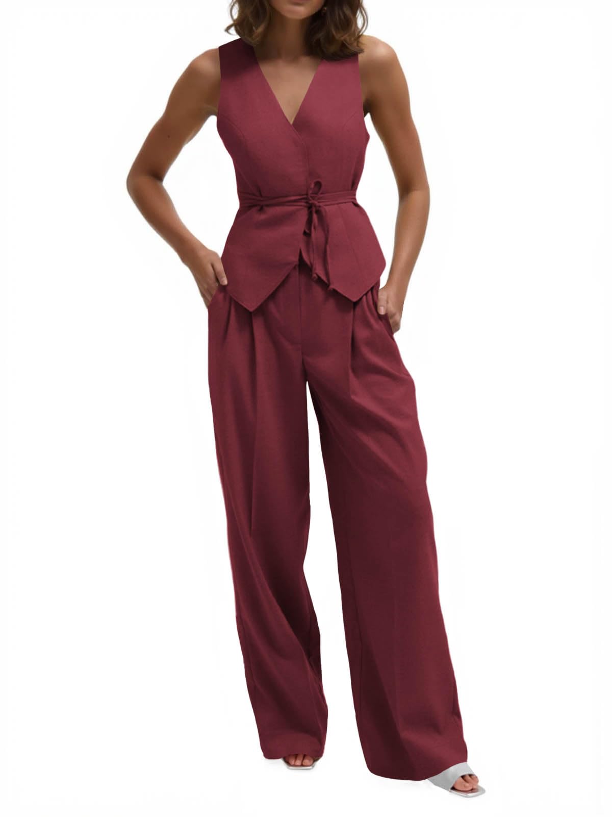 Cicy Bell Womens 2 Piece Outfits V Neck Blazer Vest and Wide Leg Pants Sets