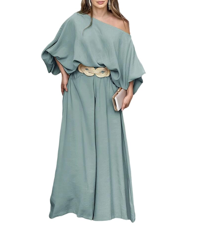 CHICME Women 2 Piece Summer Outfit Off Shoulder Flowy Wide Leg Pants Set