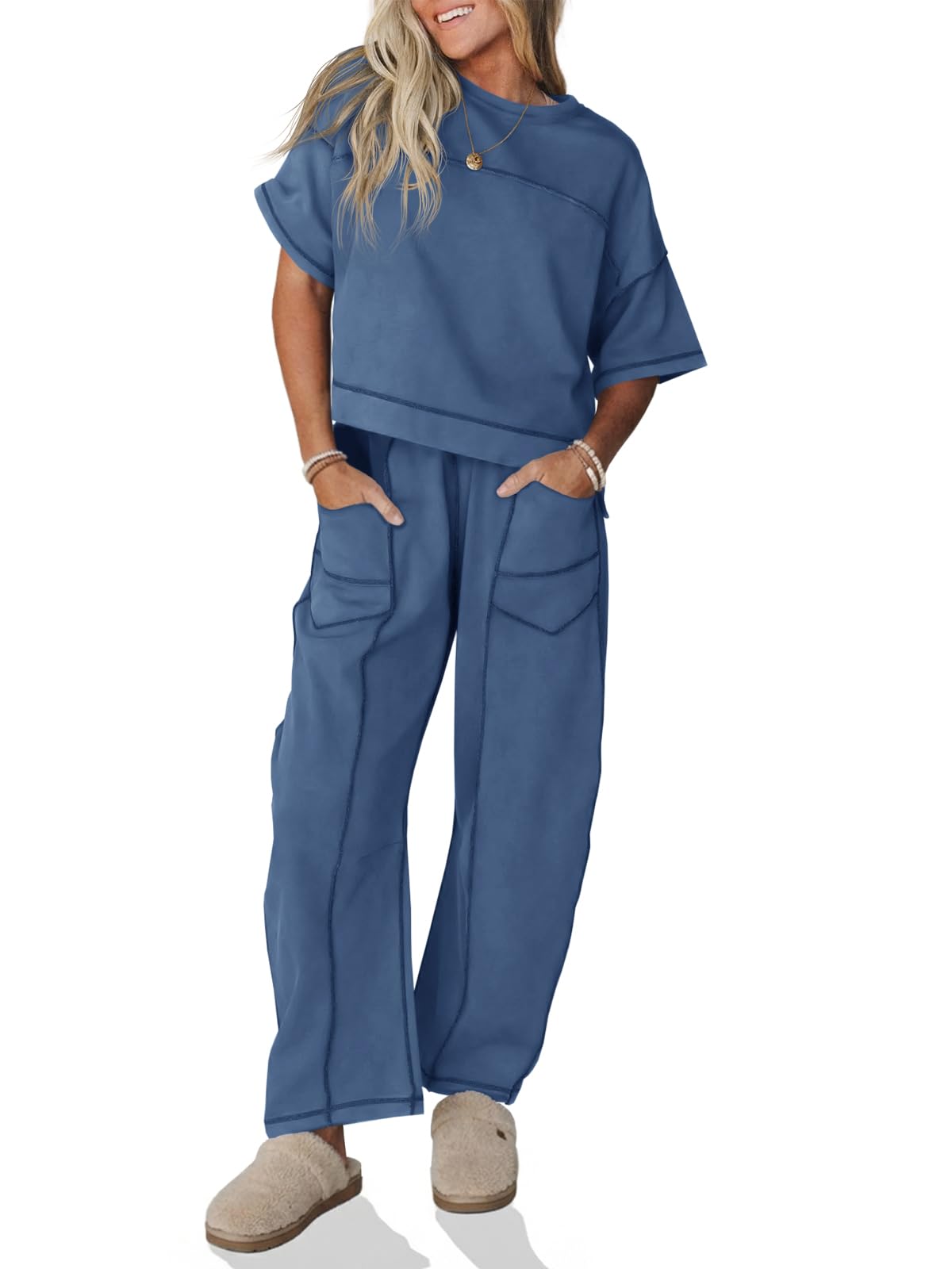 Fisoew Womens 2 Piece Outfits Lounge Sets Short Sleeve Tops and Wide Leg Pants Travel Vacation Casual Matching Sets