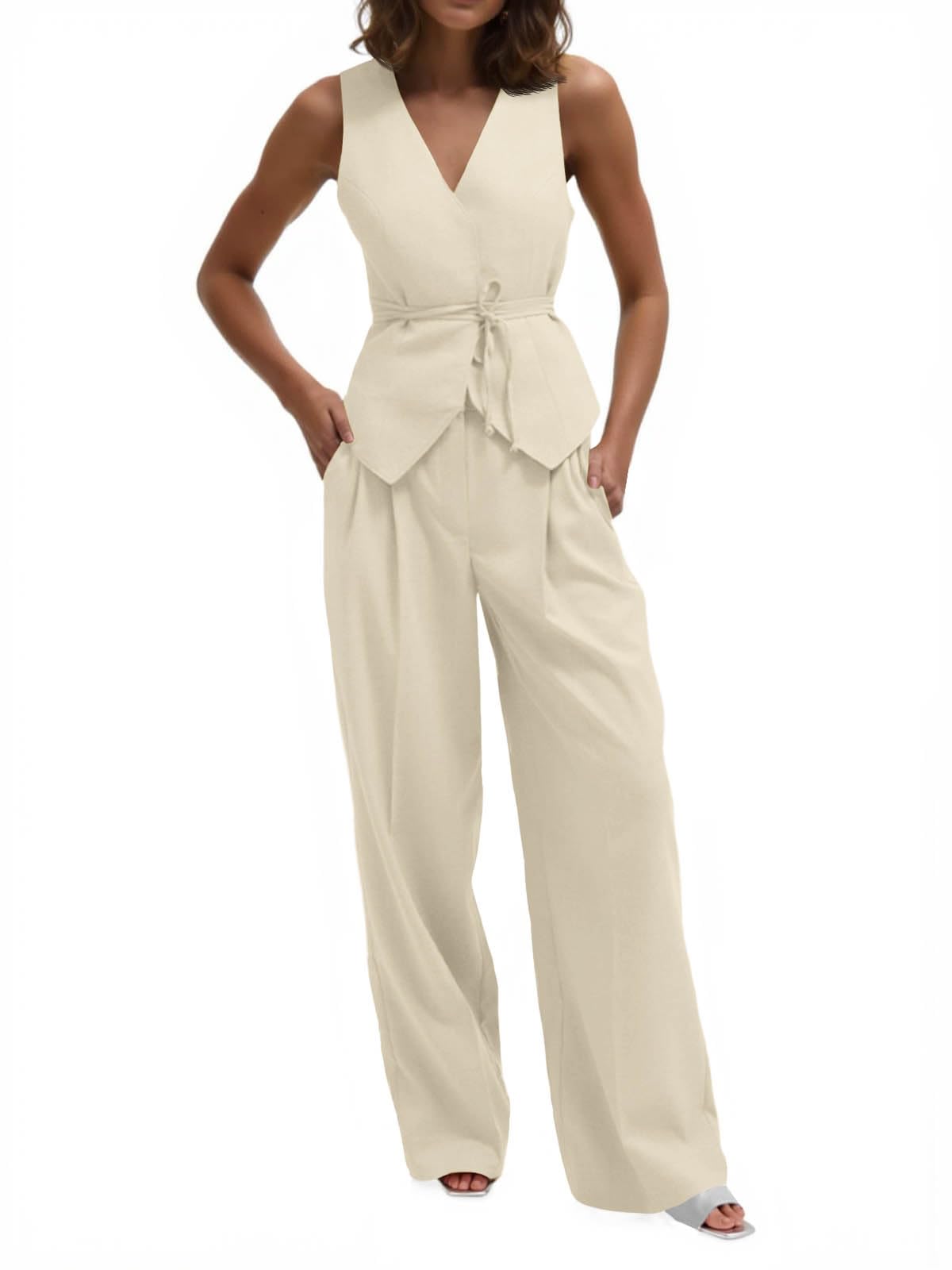 Cicy Bell Womens 2 Piece Outfits V Neck Blazer Vest and Wide Leg Pants Sets
