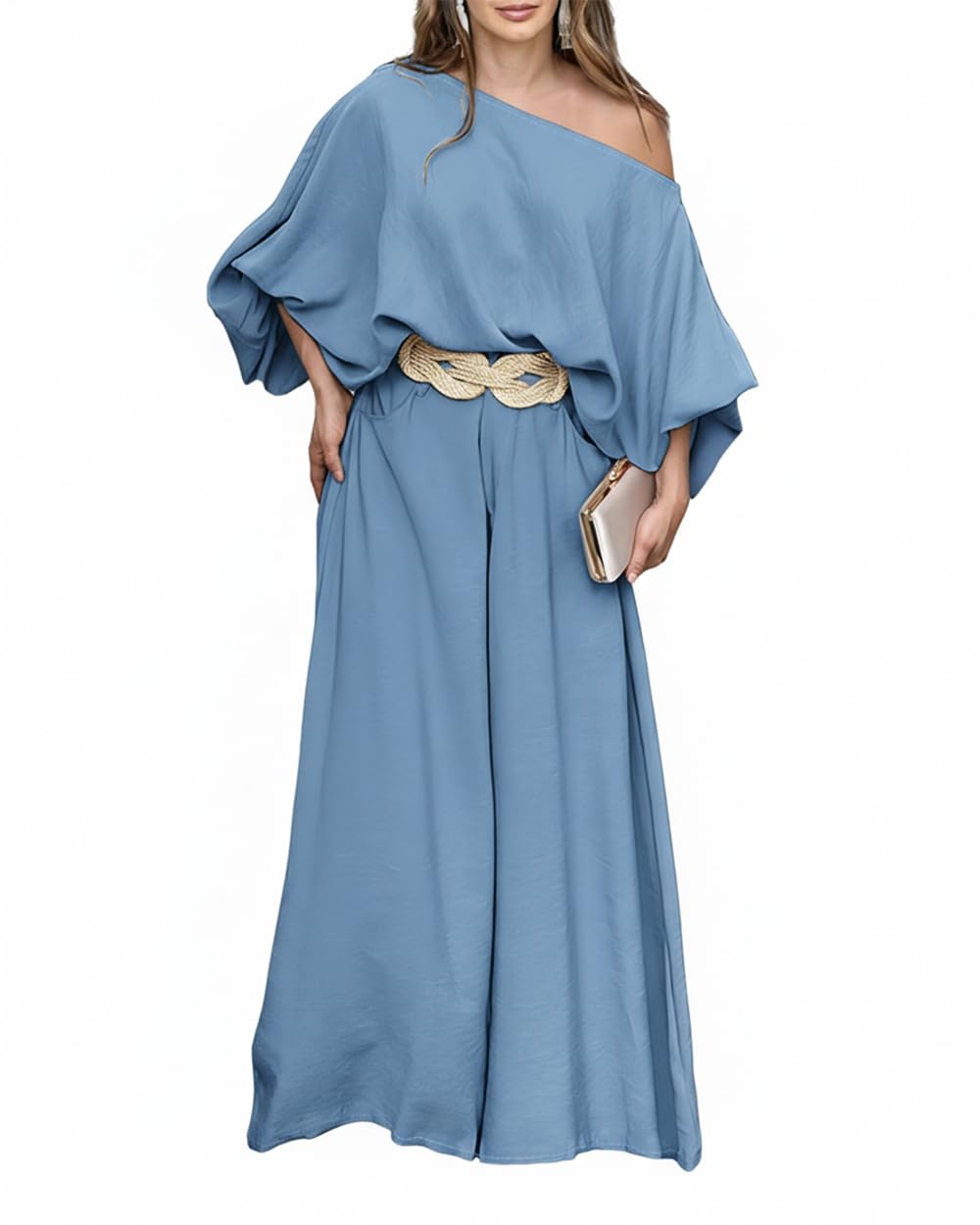 CHICME Women 2 Piece Summer Outfit Off Shoulder Flowy Wide Leg Pants Set