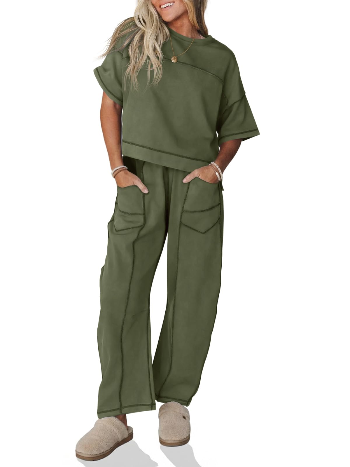 Fisoew Womens 2 Piece Outfits Lounge Sets Short Sleeve Tops and Wide Leg Pants Travel Vacation Casual Matching Sets