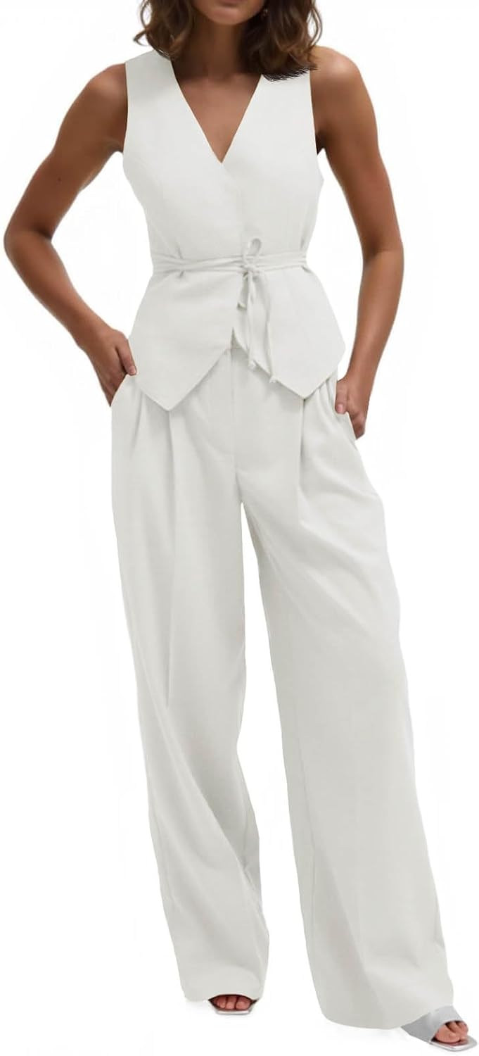 Cicy Bell Womens 2 Piece Outfits V Neck Blazer Vest and Wide Leg Pants Sets