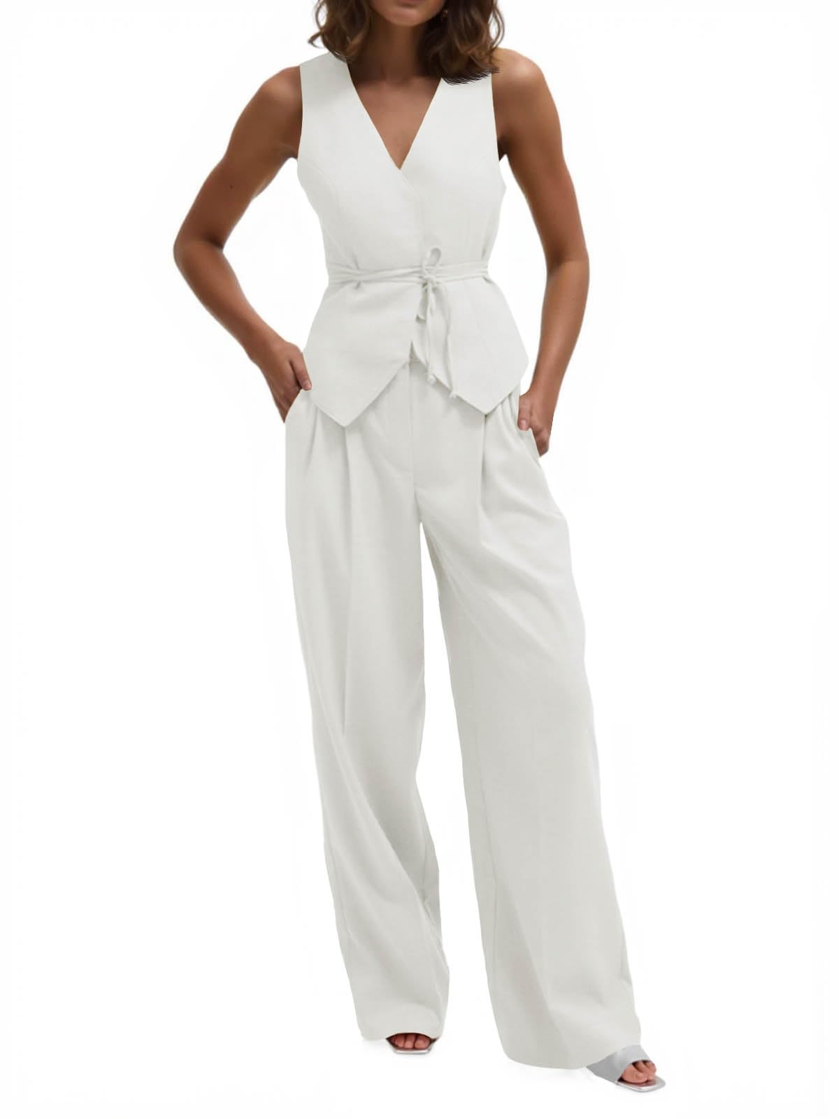 Cicy Bell Womens 2 Piece Outfits V Neck Blazer Vest and Wide Leg Pants Sets