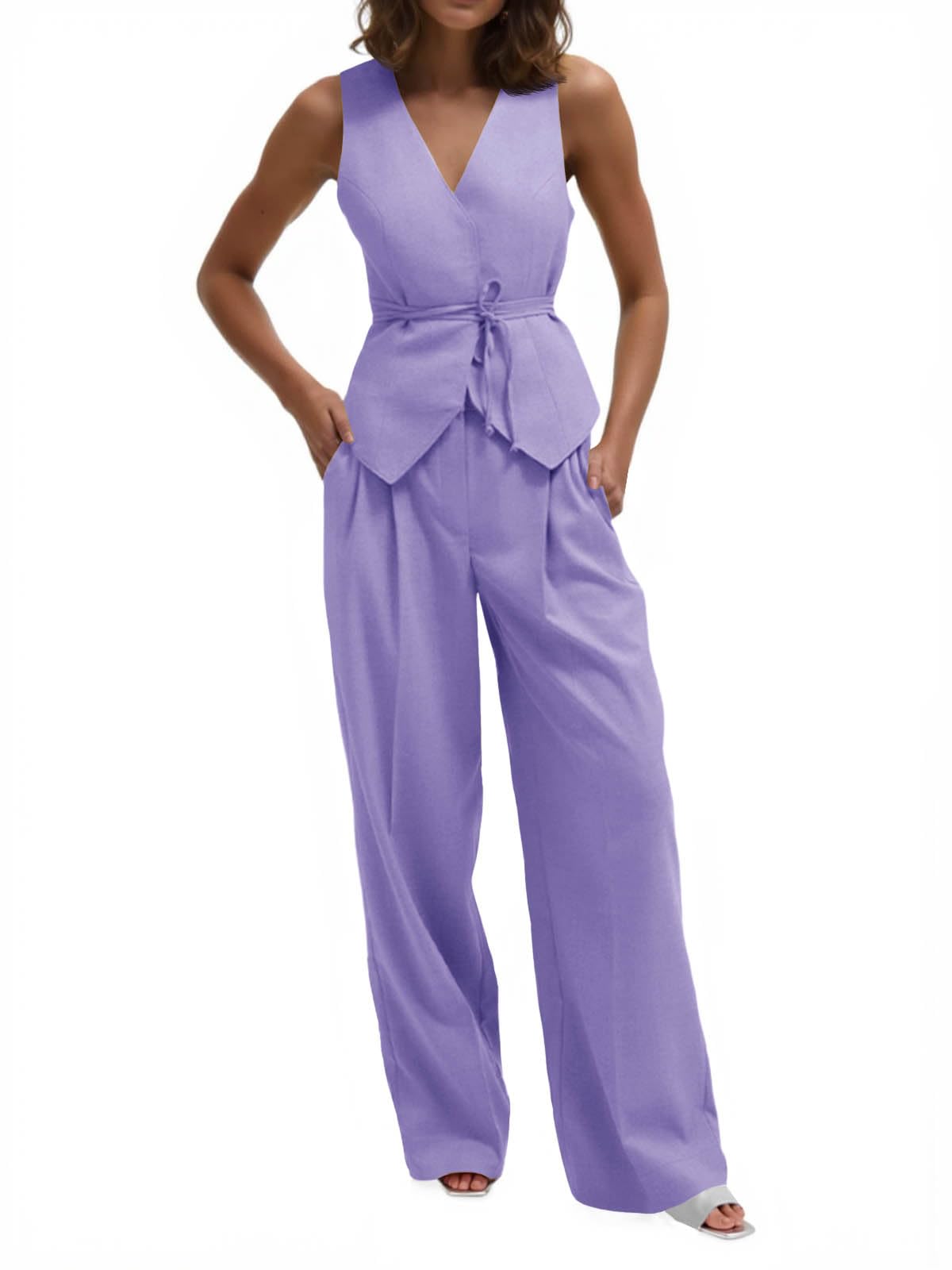 Cicy Bell Womens 2 Piece Outfits V Neck Blazer Vest and Wide Leg Pants Sets