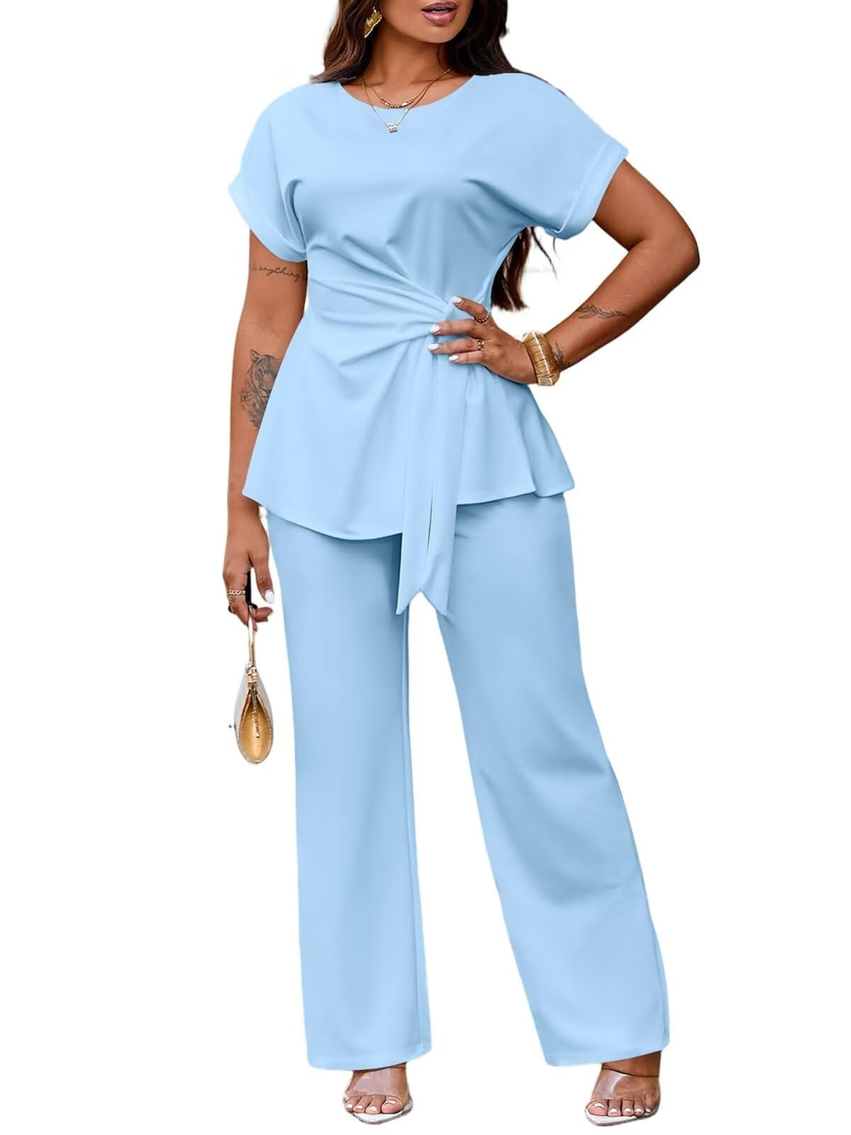 Women's 2 Piece Outfit,Short Sleeve Peplum Top,Wide Leg Pant Sets,Business