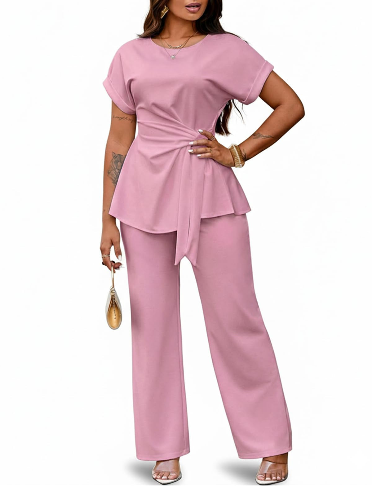 Women's 2 Piece Outfit,Short Sleeve Peplum Top,Wide Leg Pant Sets,Business