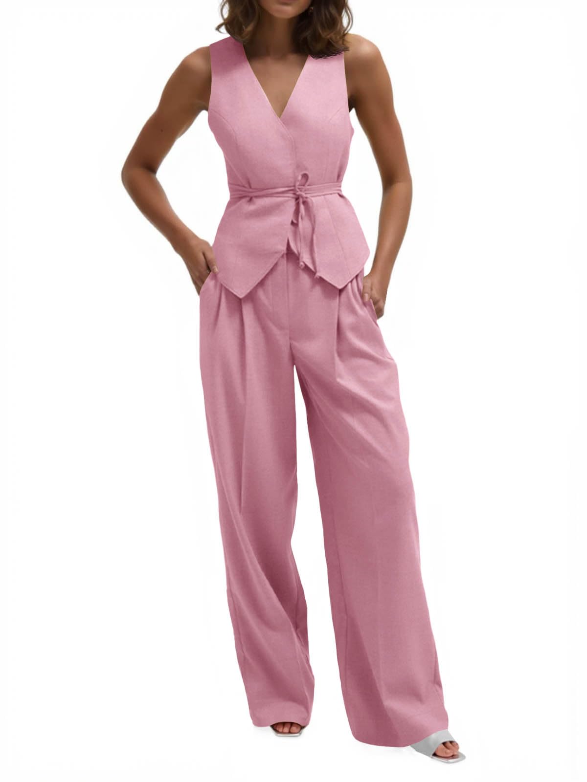 Cicy Bell Womens 2 Piece Outfits V Neck Blazer Vest and Wide Leg Pants Sets