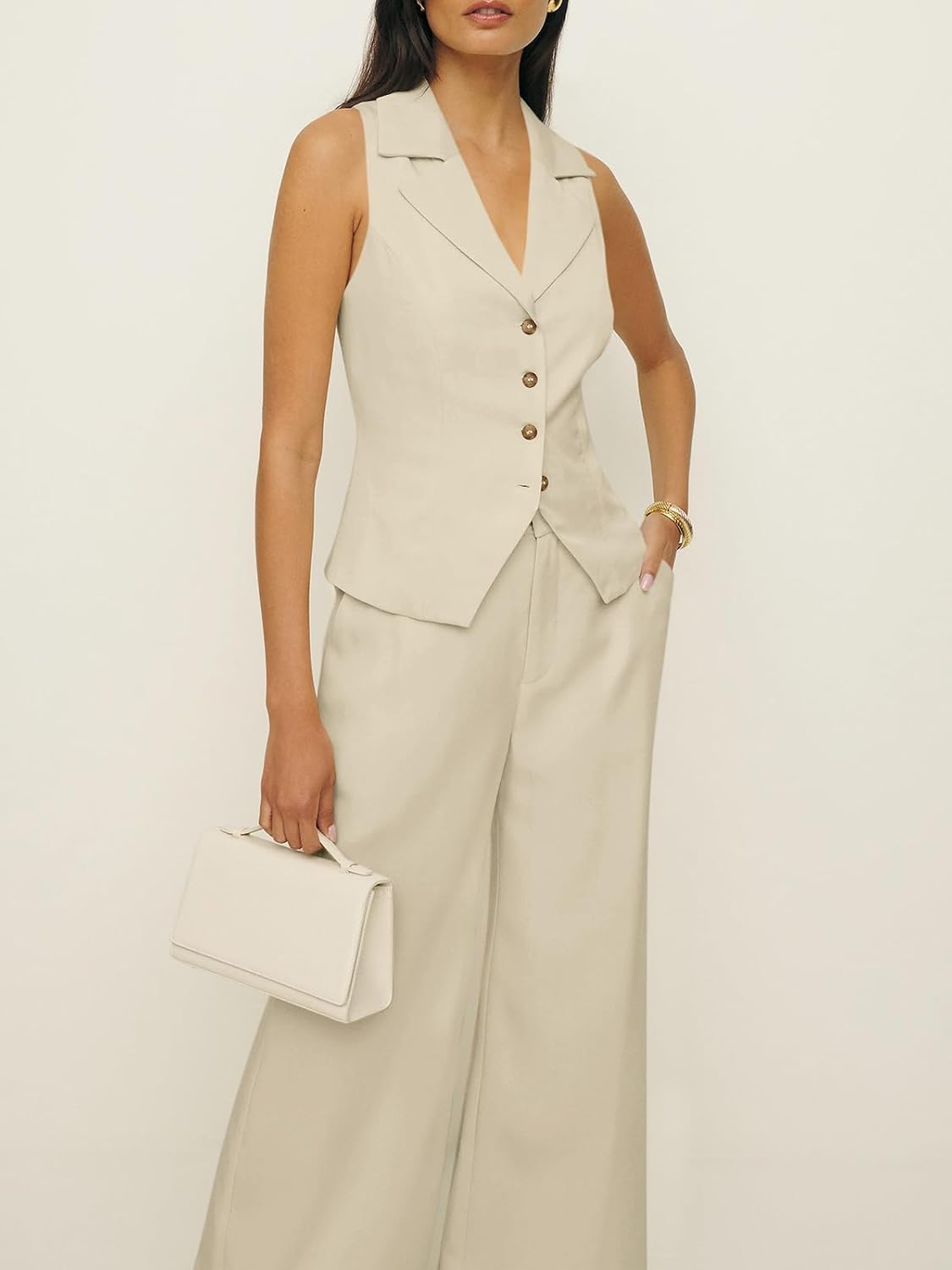Cicy Bell Womens Vest Sets Button Crop Blazer Vest and Wide Leg Pant Suits