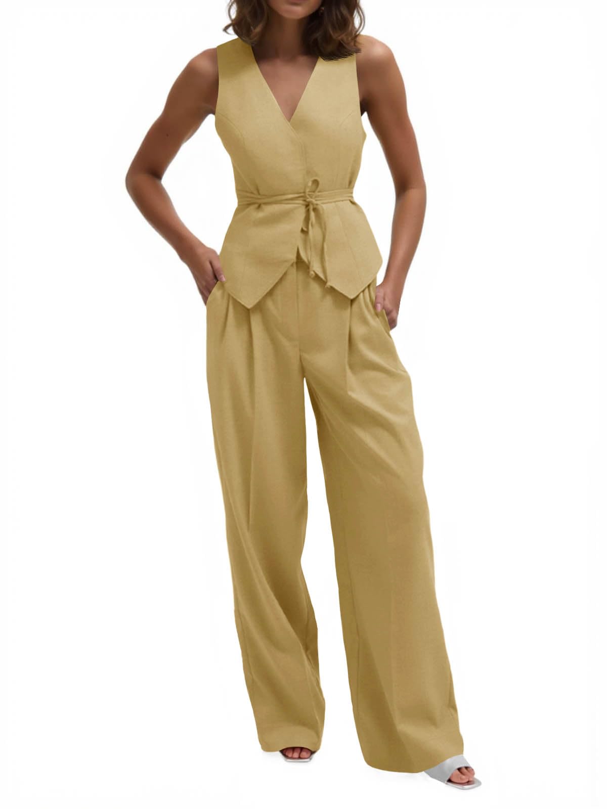 Cicy Bell Womens 2 Piece Outfits V Neck Blazer Vest and Wide Leg Pants Sets