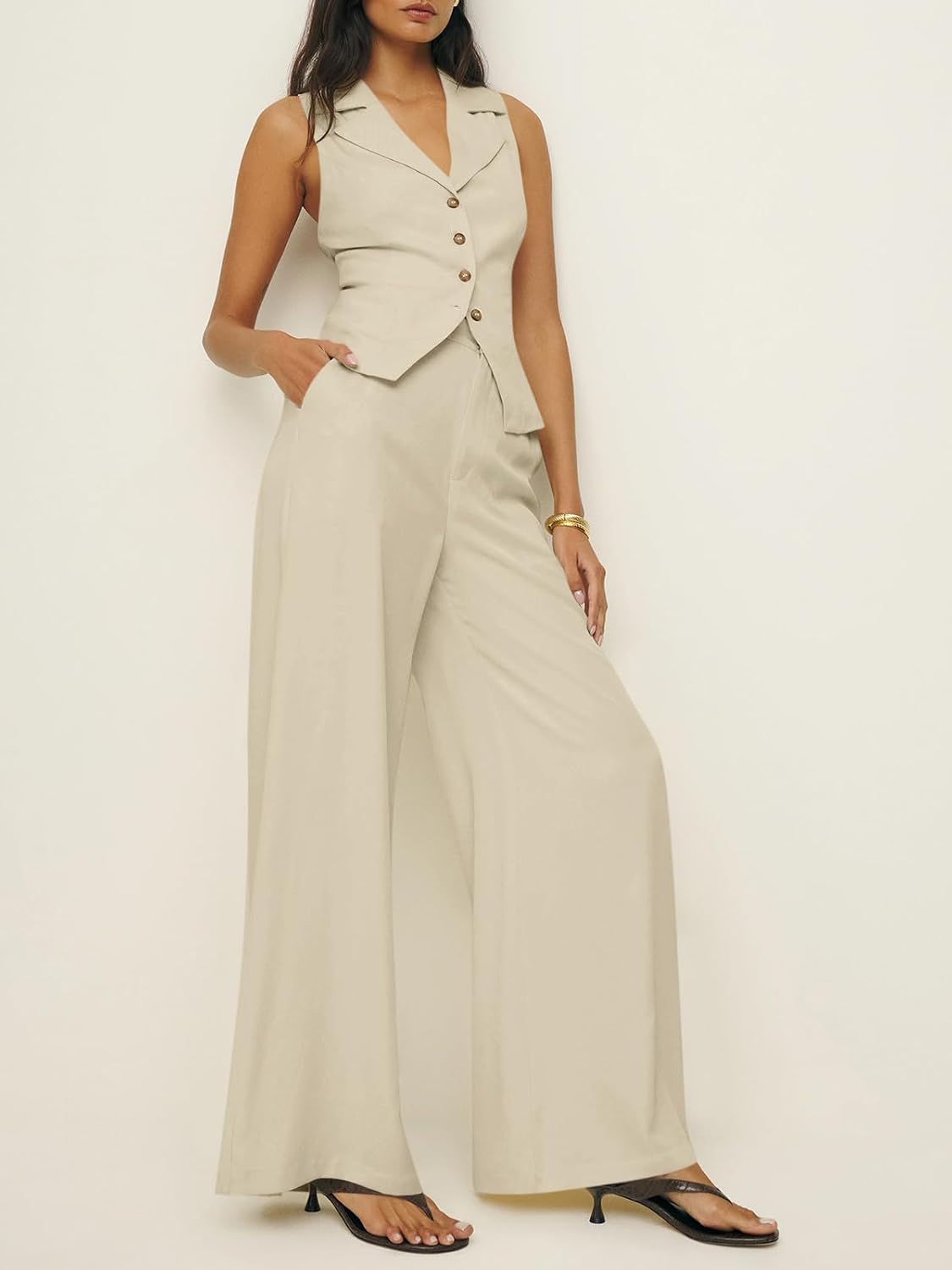 Cicy Bell Womens Vest Sets Button Crop Blazer Vest and Wide Leg Pant Suits