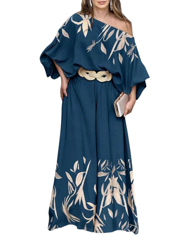 CHICME Women 2 Piece Summer Outfit Off Shoulder Flowy Wide Leg Pants Set