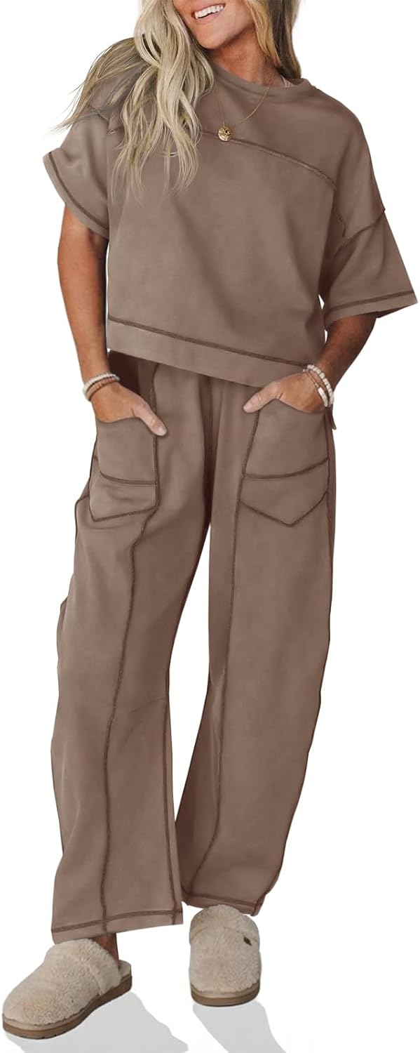 Fisoew Womens 2 Piece Outfits Lounge Sets Short Sleeve Tops and Wide Leg Pants Travel Vacation Casual Matching Sets