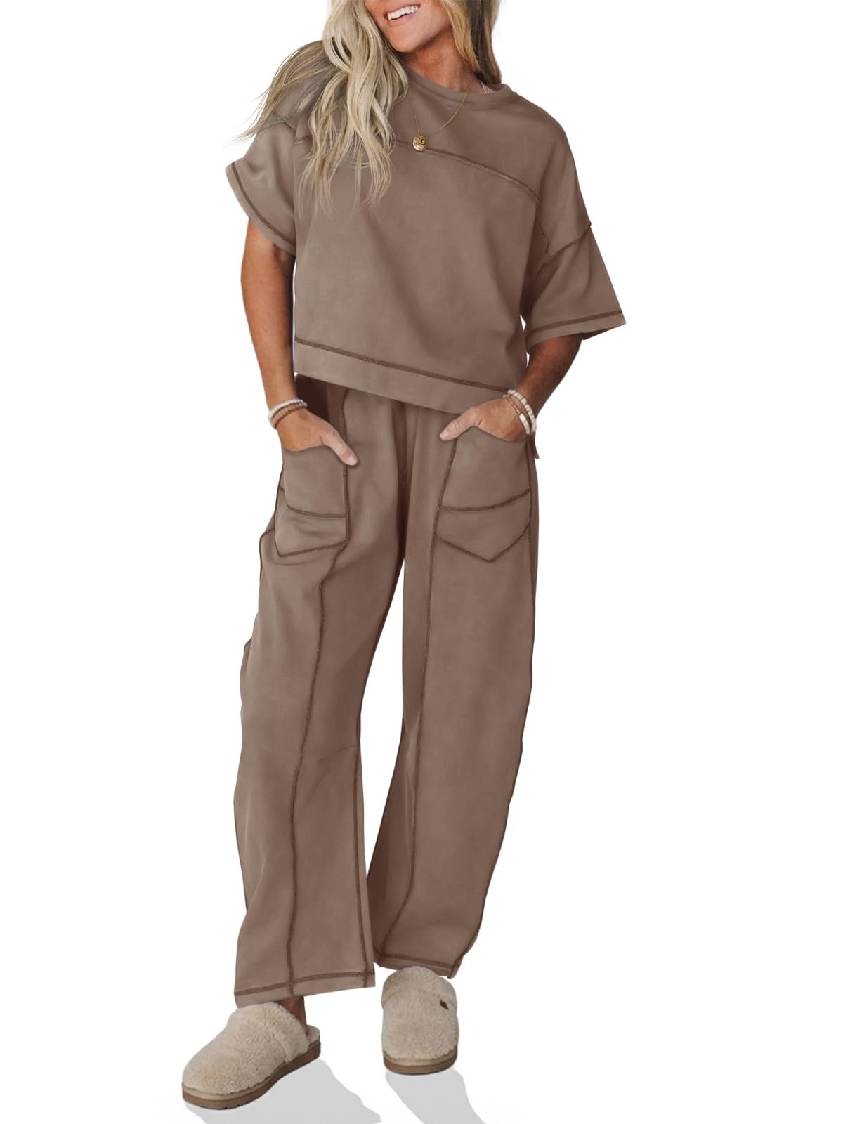 Fisoew Womens 2 Piece Outfits Lounge Sets Short Sleeve Tops and Wide Leg Pants Travel Vacation Casual Matching Sets