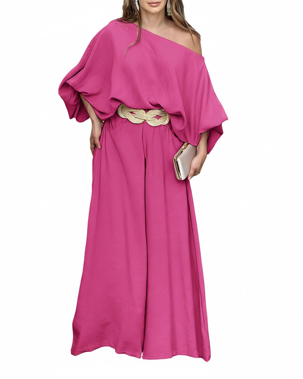 CHICME Women 2 Piece Summer Outfit Off Shoulder Flowy Wide Leg Pants Set
