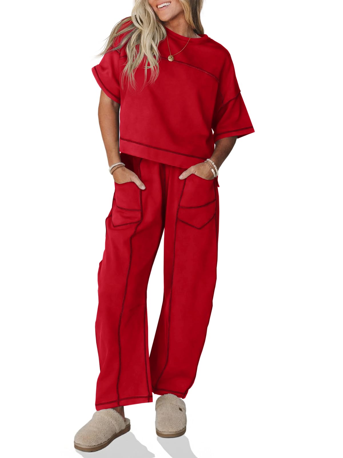 Fisoew Womens 2 Piece Outfits Lounge Sets Short Sleeve Tops and Wide Leg Pants Travel Vacation Casual Matching Sets