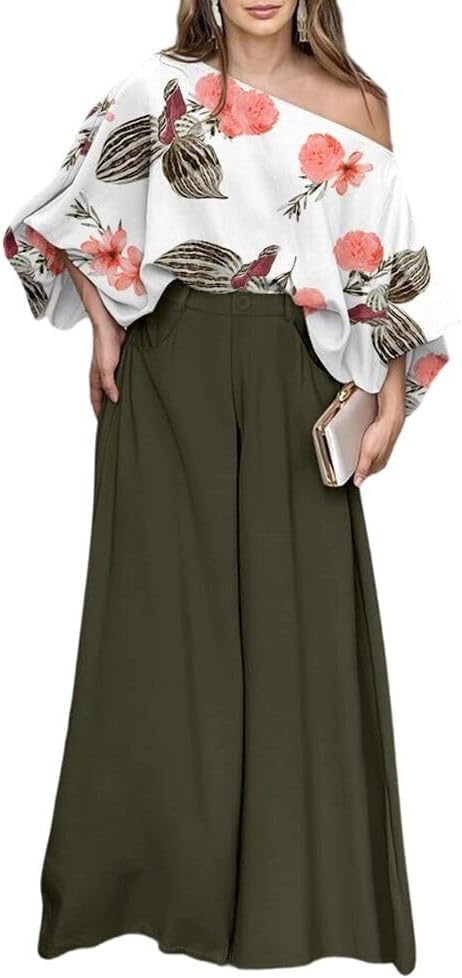 CHICME Women 2 Piece Summer Outfit Off Shoulder Flowy Wide Leg Pants Set