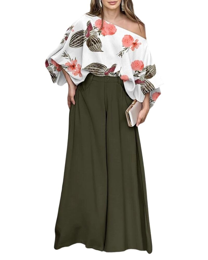 CHICME Women 2 Piece Summer Outfit Off Shoulder Flowy Wide Leg Pants Set