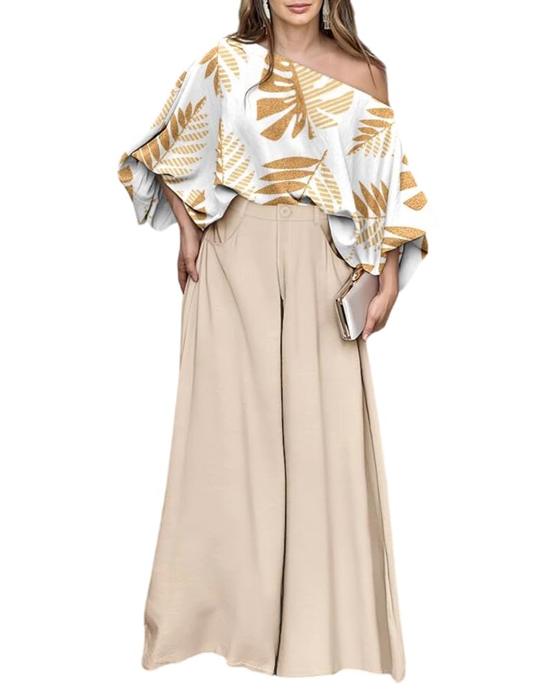 CHICME Women 2 Piece Summer Outfit Off Shoulder Flowy Wide Leg Pants Set