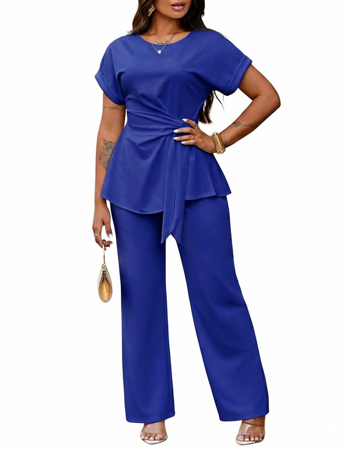 Women's 2 Piece Outfit,Short Sleeve Peplum Top,Wide Leg Pant Sets,Business
