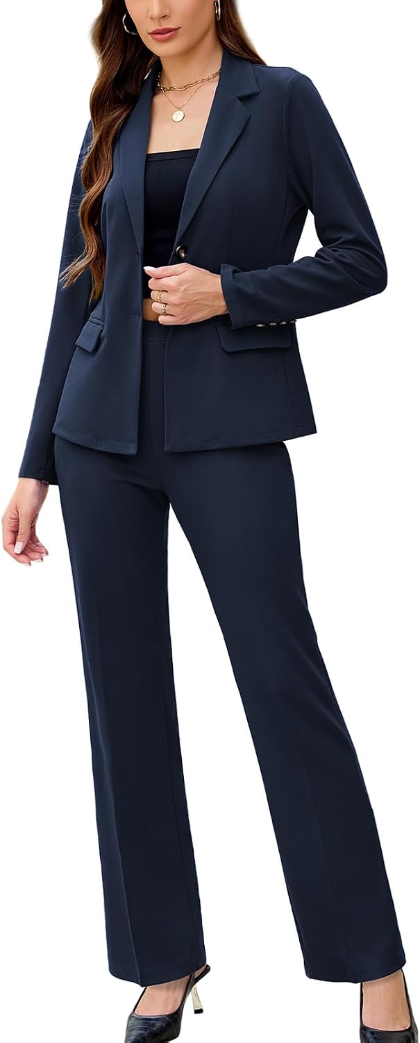 Women's 2 Piece Suits Business Casual Outfits Long Sleeve Solid Pantsuits Professional Office Work Sets